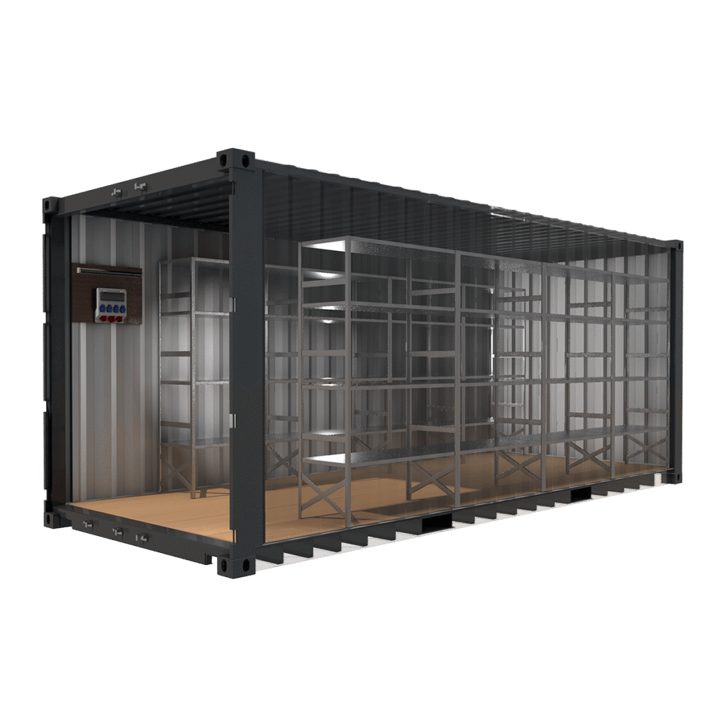 Professionelle Visualisierung eines modularen Container Regalsystems mit Fokus auf die einfache Montage und die langlebige Oberflächenbeschichtung für Kunden