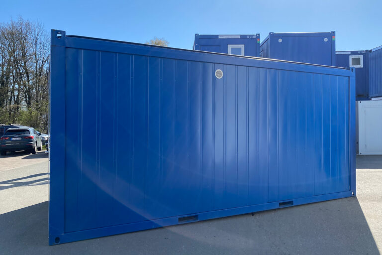 20' Damen-Herren WC-Container mit barrierefreiem Abteil Außenansicht der Längsseite in enzianblau
