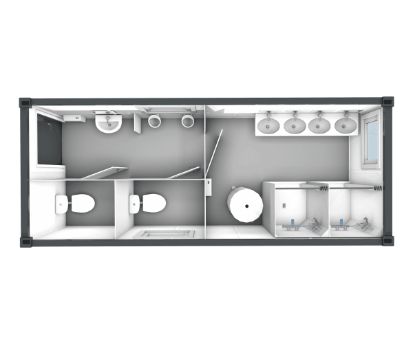 Professionelle Visualisierung eines 20 Fuß Sanitärcontainers Typ SA3 in hochwertiger Ausführung mit Fokus auf die großzügigen Waschplätze Urinal WC sowie hygienischen Bodenbeläge und Warmwasseraufbereitung für Kunden