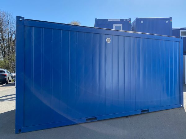 20' Damen-Herren WC-Container mit barrierefreiem Abteil Außenansicht der Längsseite in enzianblau
