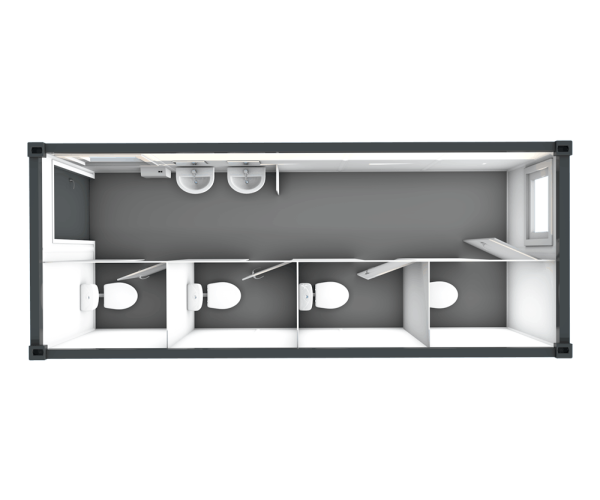 Visualisierung eines Damen WC Containers mit separaten Toilettenkabinen sowie einer langen Waschbeckenzeile für hohen Komfort.