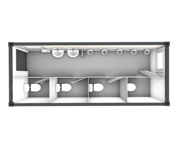 Innenansicht eines Herren WC Containers mit mehreren Urinalen sowie Toilettenkabinen und Waschbecken zur effizienten Nutzung.