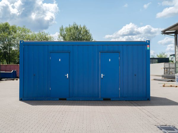 Außenansicht 20 Fuss Damen Herren WC Container Typ SA5 mit 2 Eingangstüren auf der Längsseite
