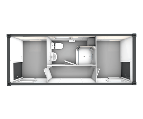 Visualisierung eines Schwarz Weiß Containers zur strikten Trennung von Arbeitskleidung und Privatkleidung mit integriertem Duschbereich.